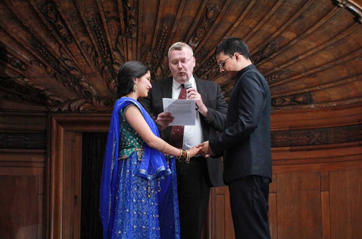 Celebrant marries man and woman.