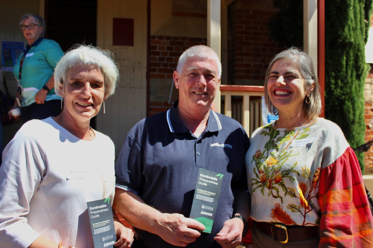 Eurobodalla Shire Council's local emergency management officer Angus Barnes with Von Hutcheson and Sandra Makdessi at the launch of the Eurobodalla Preparedness Guide.