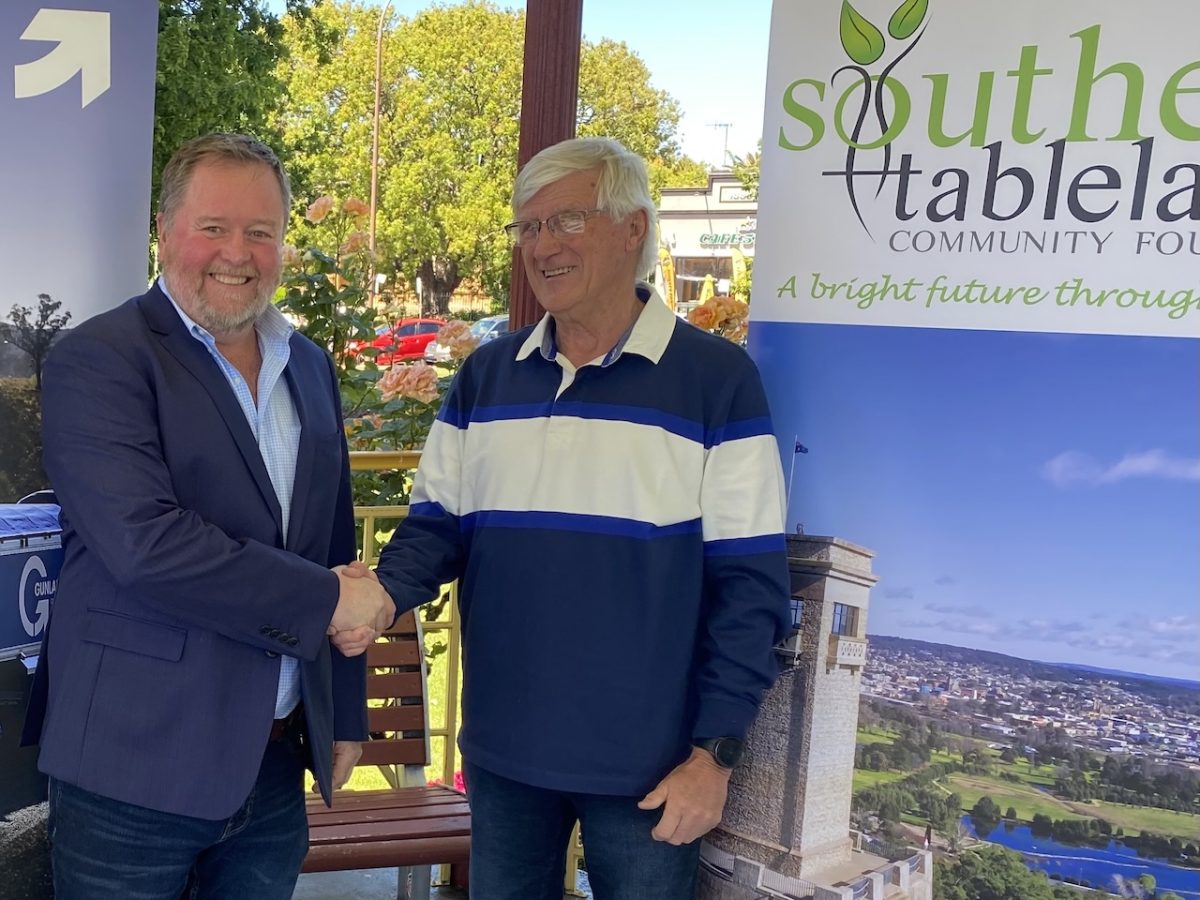 Gunlake Quarries Managing Director Ed O’Neil and Southern Tablelands Community Foundation President Dick Kearins shake hands after the three-year sponsorship announcement.