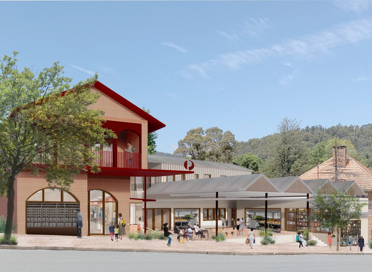 The Post Office and Market Hall buildings on the eastern side of the street.