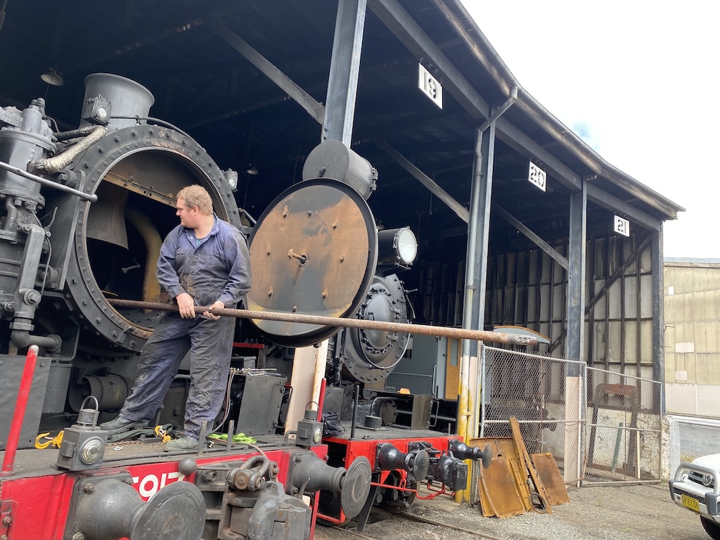 Paul Mitchell on his latest maintenance project, replacing nine of the 139 smaller fire tubes in Locomotive 5917’s boiler.