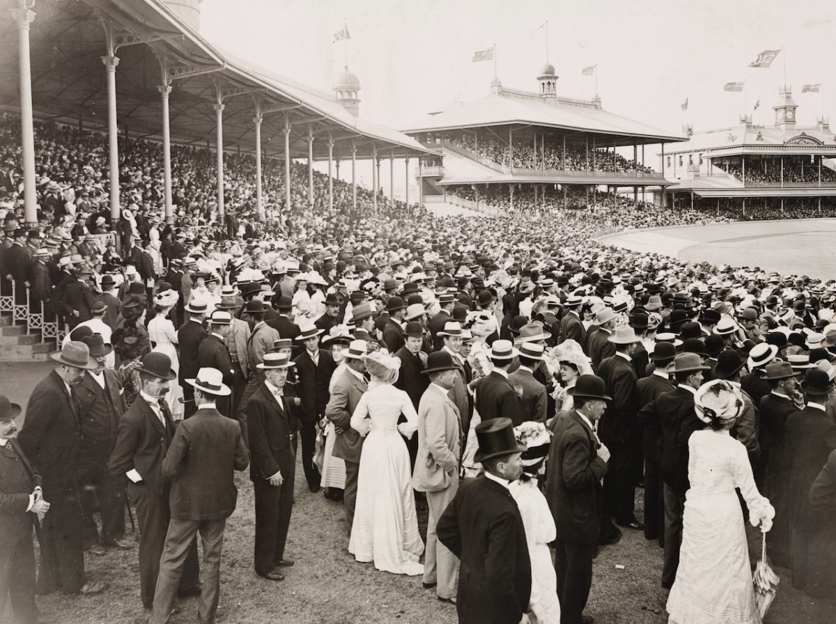Scenes of the crowd at the Sydney Cricket Ground during the first Test between Australia and England which began on 13 December 1901. 
