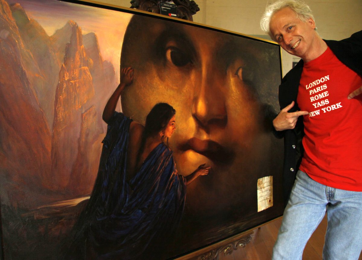 Man in red shirt in art studio