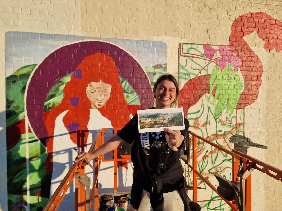 Woman on scissor lift showing painting