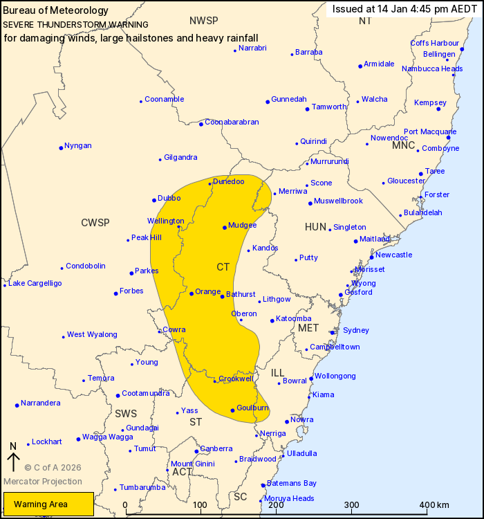 A map showing the areas that could be affected by the severe thunderstorms