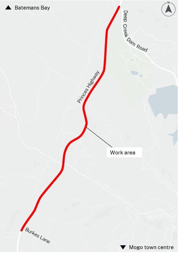 A map showing where the roadworks at Mogo will take place