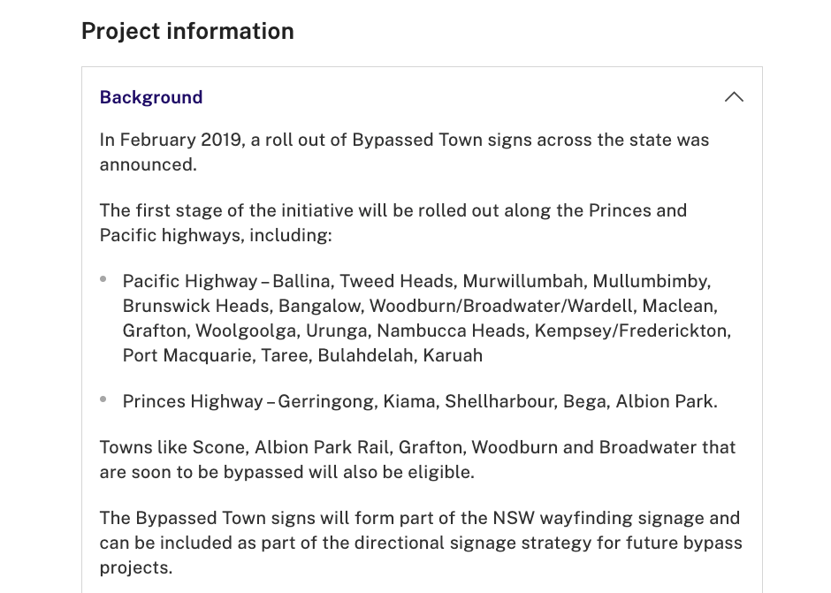A screenshot of a website listing Bega as a priority location for a sign
