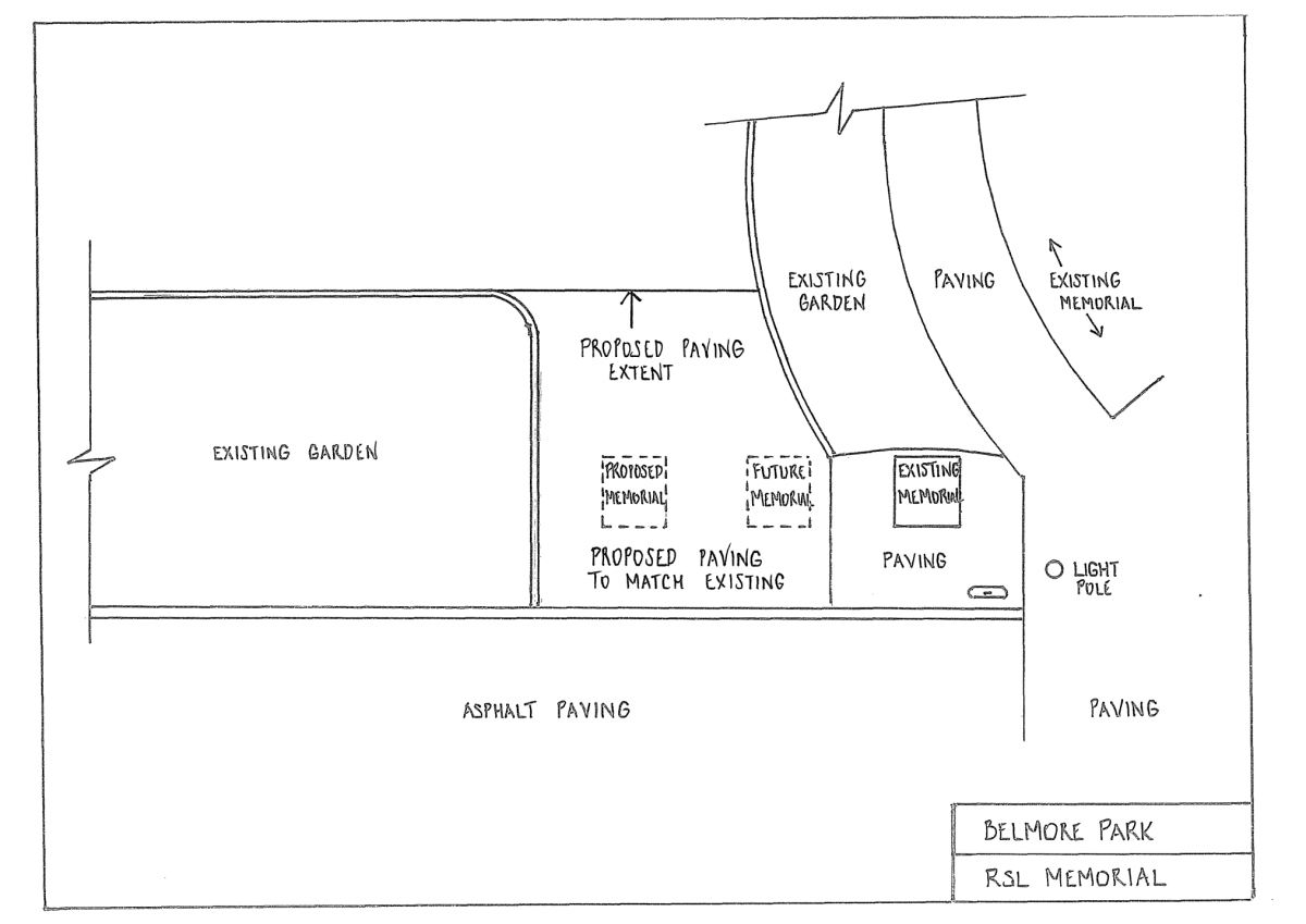 A scan of a drawing showing the location of the new memorial