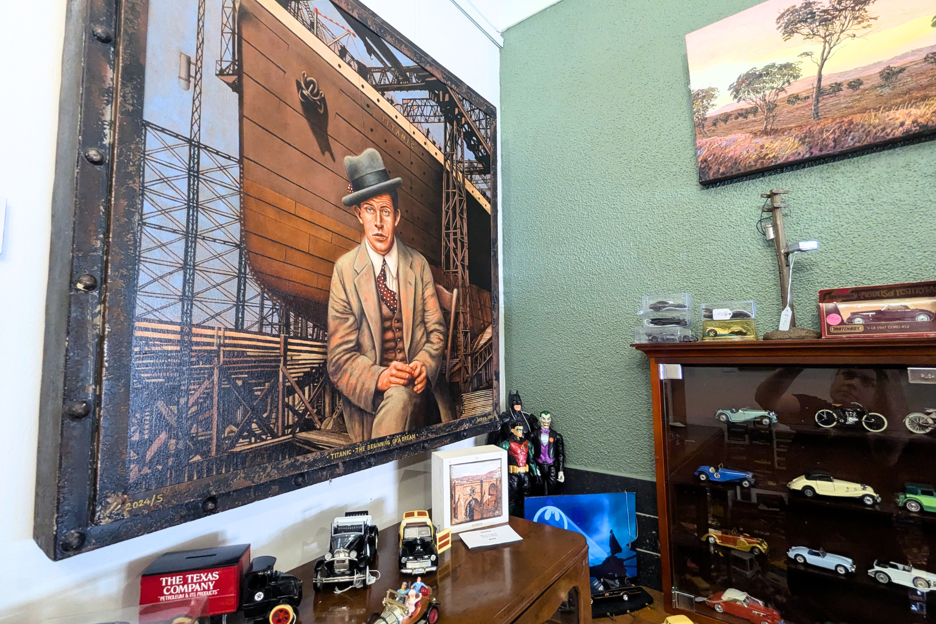 Marko's works of figurative realism often painted on vintage finds fits perfectly with the vintage collection at The Artists Shed.