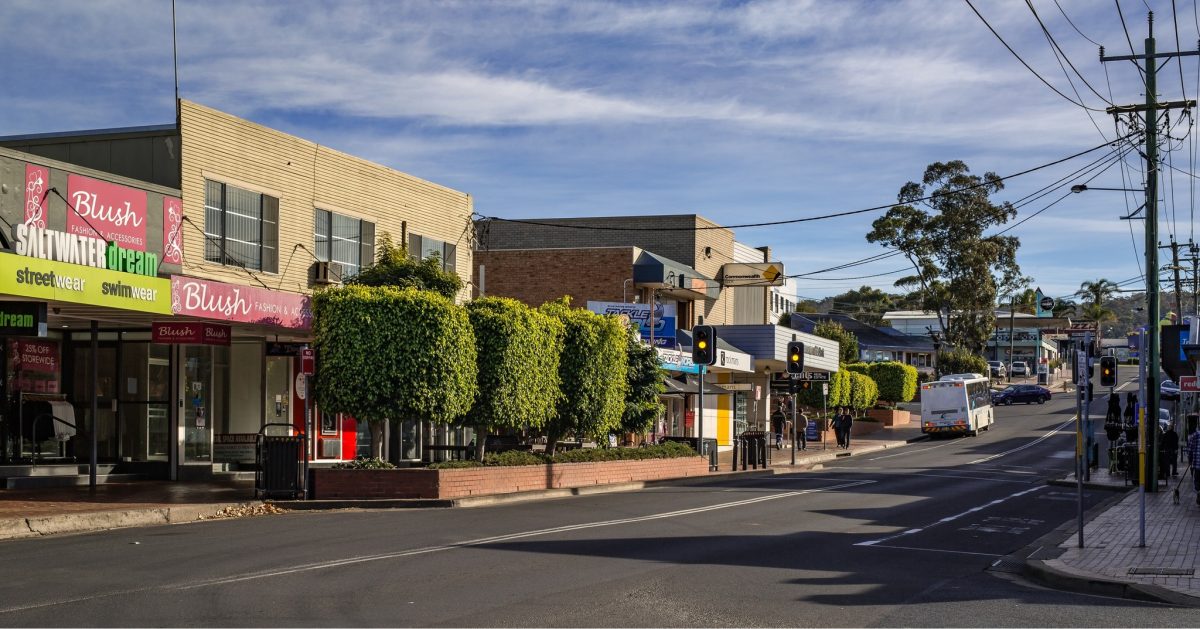 A photo showing businesses along Merimbula's CBD