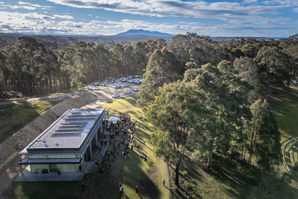 Aerial shot of Windsong Pavilion at Four Winds, Barragga Bay, south of Bermagui
