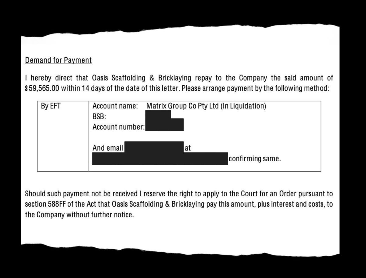 An extract from demand for payment letter