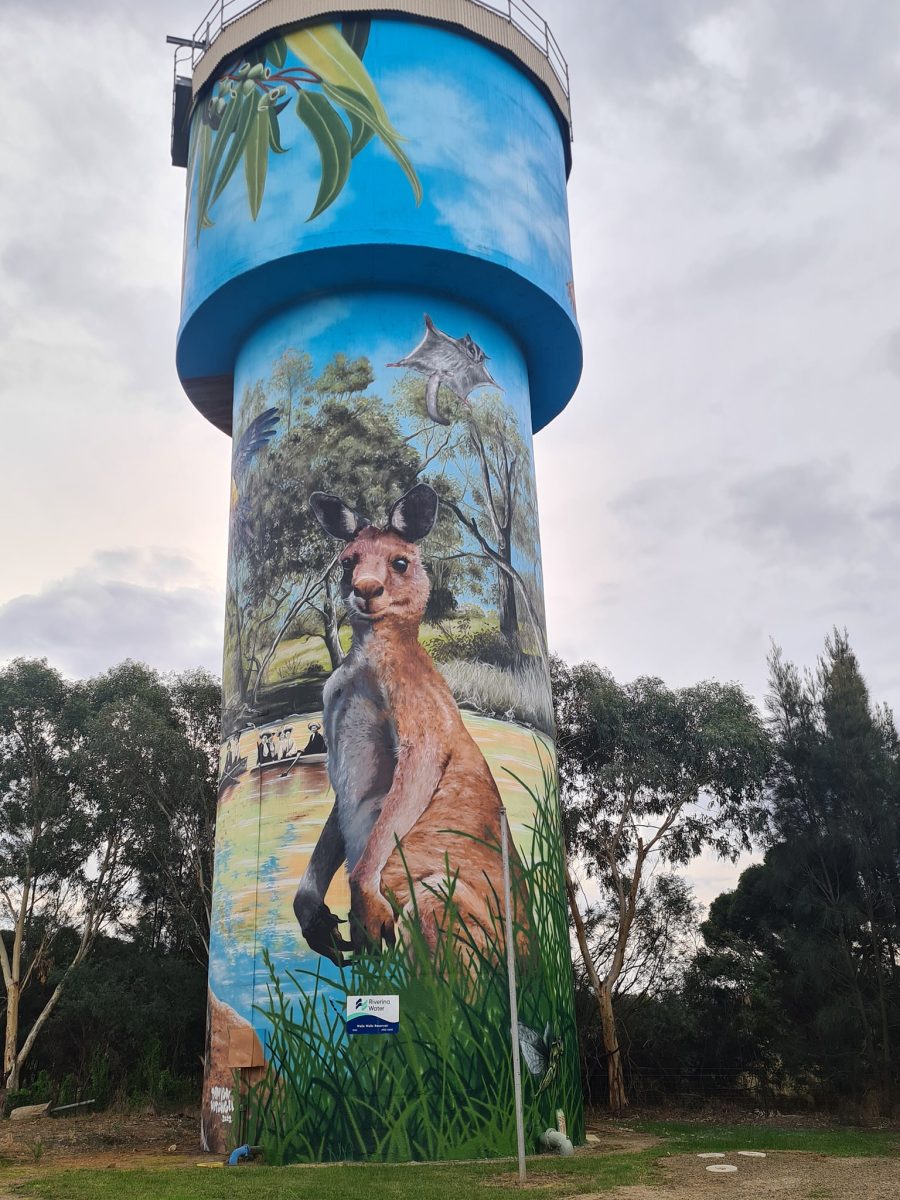 Kangaroo themed art on water tower