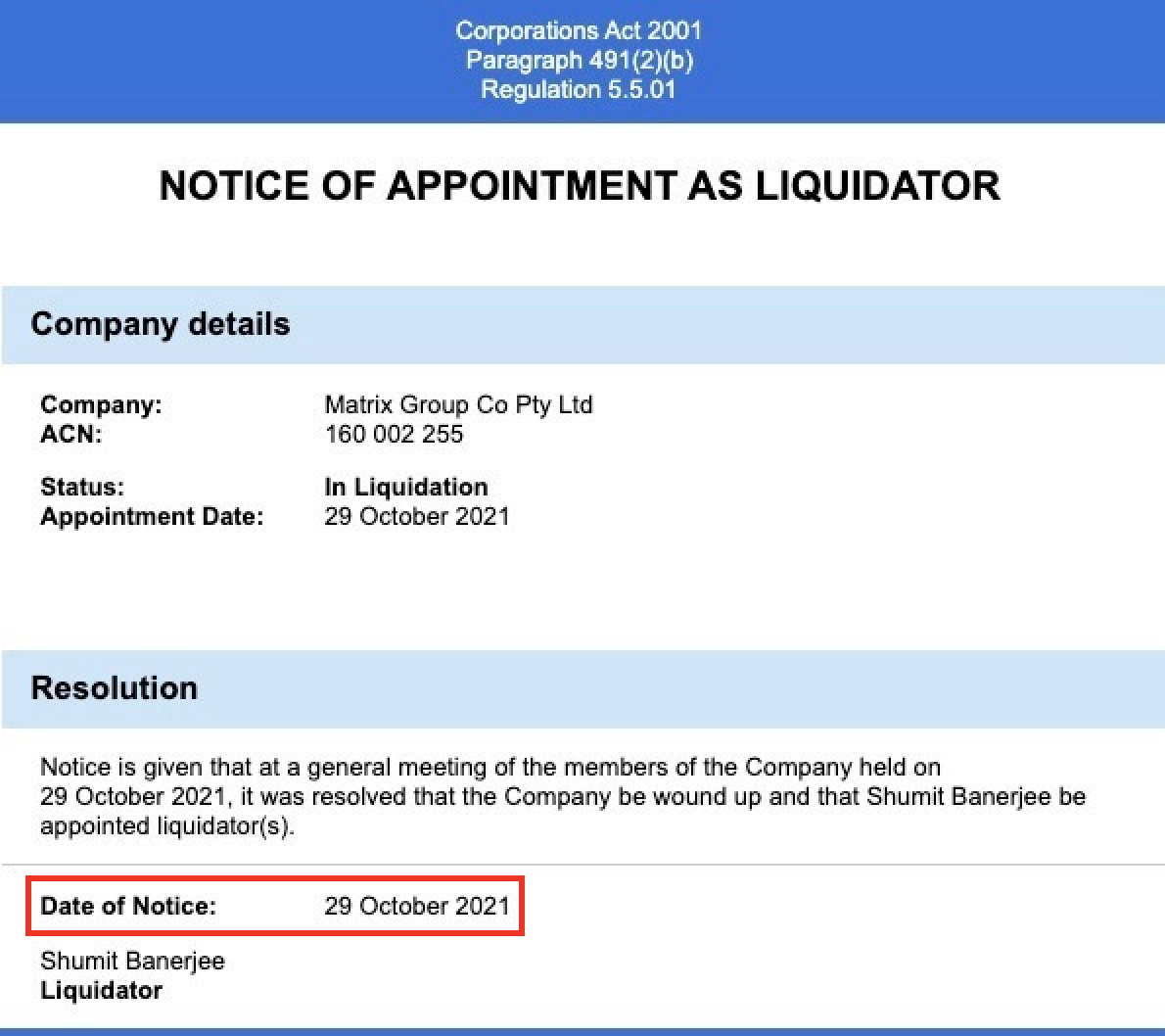 ASIC liquidation notice