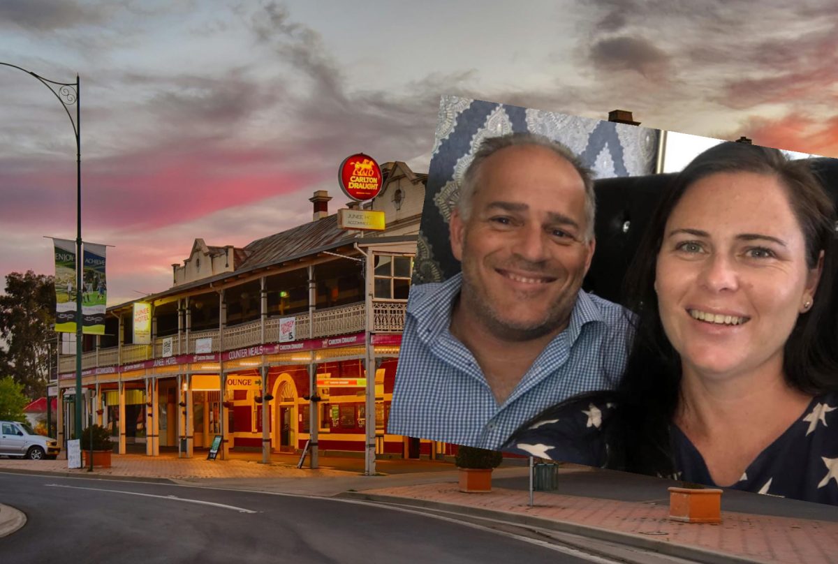 collage of a pub and a couple