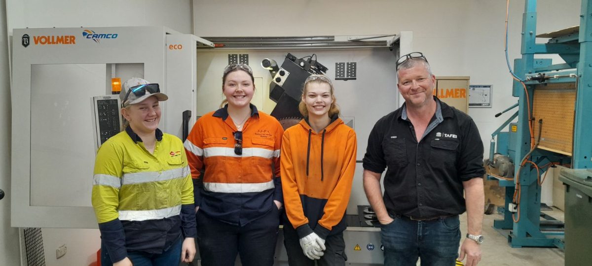 Part of a record class of female saw doctor apprentices at TAFE NSW Tumut this week are Hayley Wilson, Kelsey Sheehy, Hayley Hampson and TAFE NSW Tumut forestry teacher Fred Dean.